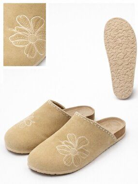 Beige Embroidered Mule Slides Floral Slip On Comfort Sandals Size 8